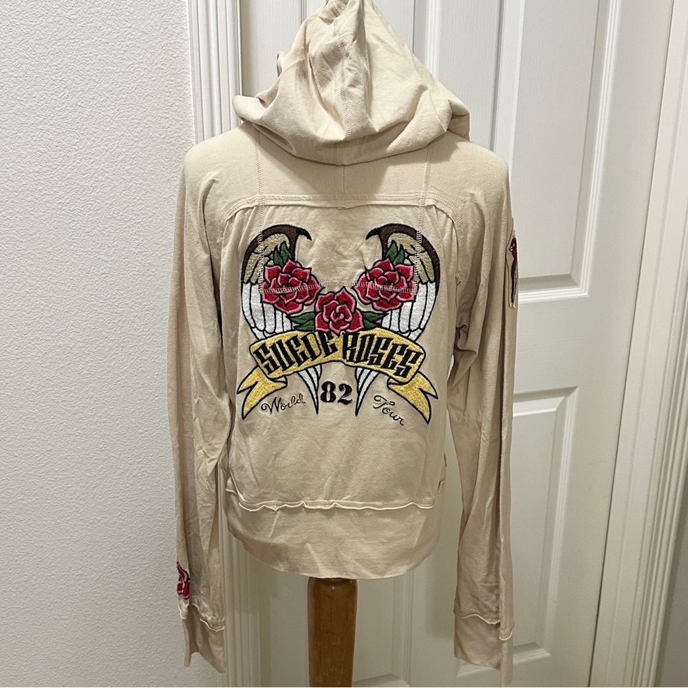 Vintage Johnny Was Suede Roses Beige Zip-Up Hoodie w/Embroidered Design - L
